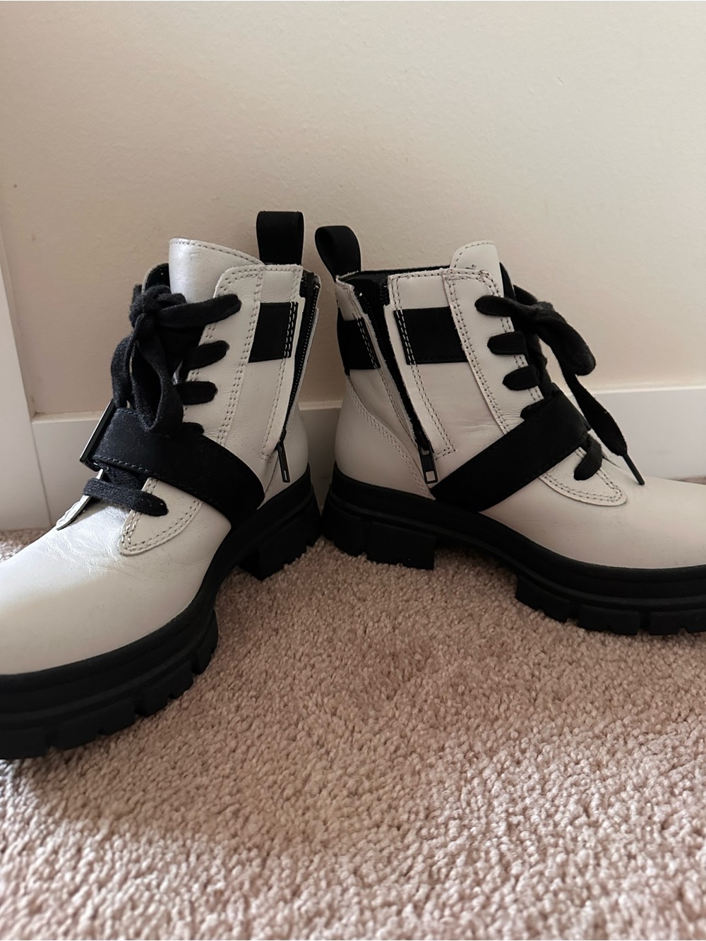 White and Black Lace-Up UGG Combat Boots